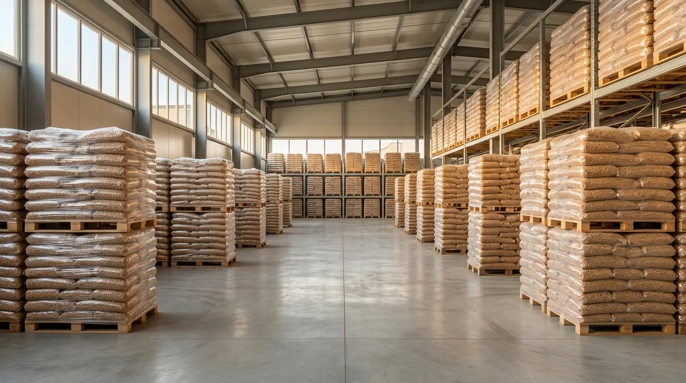 Magazzino con sacchi di pellet